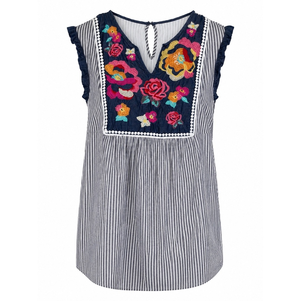 Women's Small Embroidered Floral Striped Tunic Top Boho Rayon Peasant Blouse